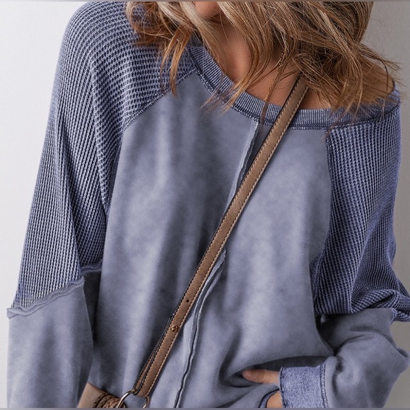 Waffle Knit patchwork Raglan Sleeve Sweatshirt - Picture 1 of 5